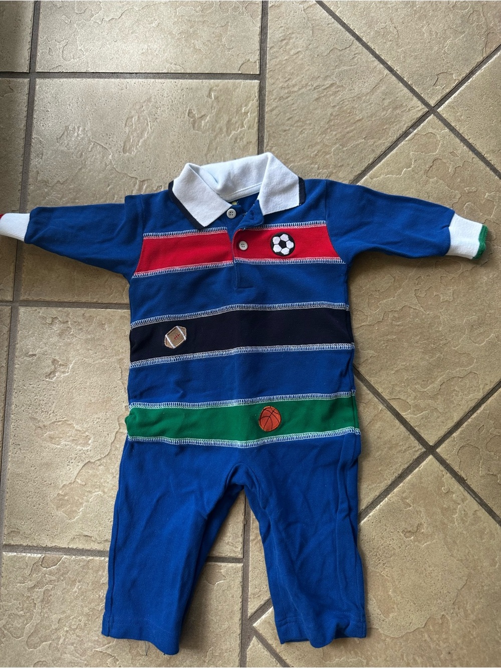 Florence Eiseman, 12M. Blue Striped Kids One-Piece Romper with Sports Patches
